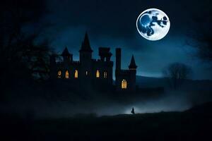 une Château dans le nuit avec une plein lune. généré par ai photo