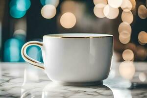 une blanc café tasse sur une marbre tableau. généré par ai photo