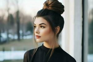 une magnifique la mariée avec une chignon coiffures pour longue cheveux Regardez de dos. une femelle coiffure arrière vue concept par ai généré photo