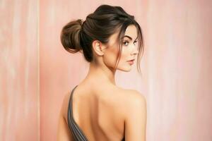 une magnifique la mariée avec une chignon coiffures pour longue cheveux Regardez de dos. une femelle coiffure arrière vue concept par ai généré photo