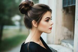 une magnifique la mariée avec une chignon coiffures pour longue cheveux Regardez de dos. une femelle coiffure arrière vue concept par ai généré photo