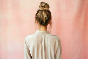 une magnifique la mariée avec une chignon coiffures pour longue cheveux Regardez de dos. une femelle coiffure arrière vue concept par ai généré photo