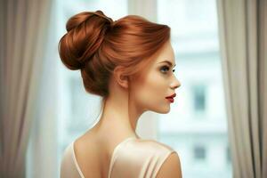 une magnifique la mariée avec une chignon coiffures pour longue cheveux Regardez de dos. une femelle coiffure arrière vue concept par ai généré photo