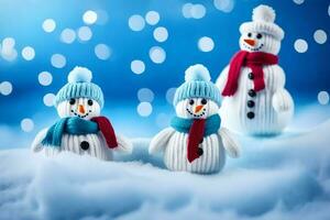 Trois bonhommes de neige portant écharpes et Chapeaux dans le neige. généré par ai photo