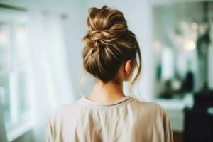 une magnifique la mariée avec une chignon coiffures pour longue cheveux Regardez de dos. une femelle coiffure arrière vue concept par ai généré photo