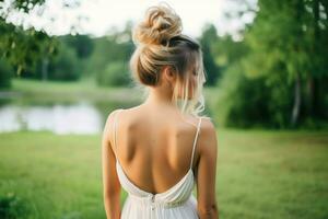 une magnifique la mariée avec une chignon coiffures pour longue cheveux Regardez de dos. une femelle coiffure arrière vue concept par ai généré photo