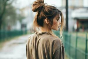 une magnifique la mariée avec une chignon coiffures pour longue cheveux Regardez de dos. une femelle coiffure arrière vue concept par ai généré photo