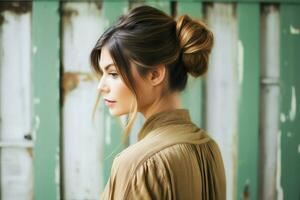 une magnifique la mariée avec une chignon coiffures pour longue cheveux Regardez de dos. une femelle coiffure arrière vue concept par ai généré photo