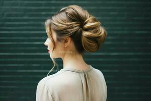 une magnifique la mariée avec une chignon coiffures pour longue cheveux Regardez de dos. une femelle coiffure arrière vue concept par ai généré photo