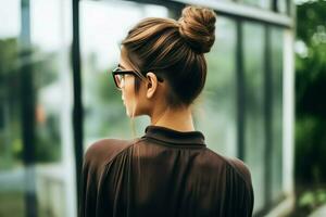 une magnifique la mariée avec une chignon coiffures pour longue cheveux Regardez de dos. une femelle coiffure arrière vue concept par ai généré photo