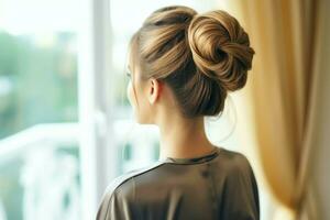 une magnifique la mariée avec une chignon coiffures pour longue cheveux Regardez de dos. une femelle coiffure arrière vue concept par ai généré photo