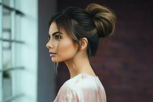 une magnifique la mariée avec une chignon coiffures pour longue cheveux Regardez de dos. une femelle coiffure arrière vue concept par ai généré photo