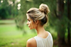 une magnifique la mariée avec une chignon coiffures pour longue cheveux Regardez de dos. une femelle coiffure arrière vue concept par ai généré photo