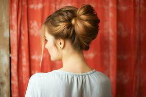 une magnifique la mariée avec une chignon coiffures pour longue cheveux Regardez de dos. une femelle coiffure arrière vue concept par ai généré photo