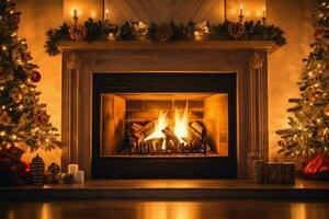 confortable vivant pièce avec cheminée et magnifique Noël arbre dans classique intérieur. intérieur de vivant pièce décoré pour joyeux Noël avec chaussettes, cadeau des boites et Noël accessoires par ai généré photo