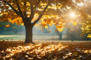 l'automne feuilles sur le sol dans de face de une arbre. généré par ai photo