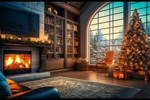 confortable vivant pièce avec cheminée et magnifique Noël arbre dans classique intérieur. intérieur de vivant pièce décoré pour joyeux Noël avec chaussettes, cadeau des boites et Noël accessoires par ai généré photo