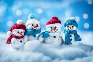 cinq bonhommes de neige portant Chapeaux et écharpes dans le neige. généré par ai photo