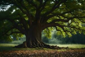 une grand arbre avec les racines dans le sol. généré par ai photo