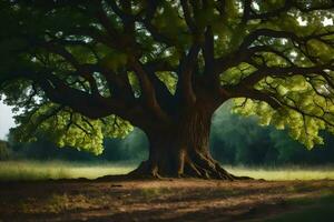 une grand arbre est montré dans le milieu de une champ. généré par ai photo