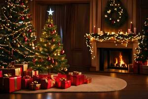 Noël arbre dans une pièce avec présente et une cheminée. généré par ai photo