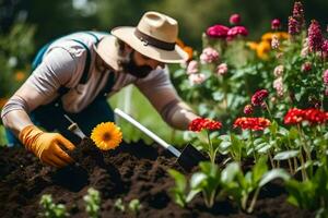 une homme dans une chapeau et salopette est travail dans le jardin. généré par ai photo