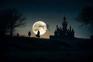 une plein lune plus de une Château dans le nuit. généré par ai photo