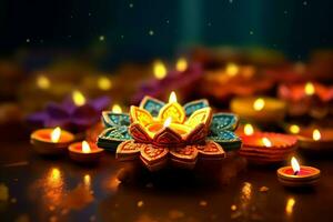 content diwali ou deepavali traditionnel Indien Festival avec argile diya pétrole lampe. Indien hindou Festival de lumière symbole avec bougie et lumière. argile diya lampe allumé pendant diwali fête par ai généré photo