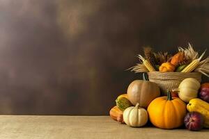 action de grâces journée ou l'automne composition avec citrouille, des oranges, feuilles ou poulet. action de grâces nourriture concept par ai généré photo