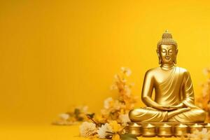 une Bouddha est assis dans dans vesak Bouddha Purnima journée avec copie espace. Contexte pour vesak Festival journée concept. vesak fête journée salutations concept par ai généré photo