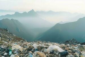 environnement problème Plastique des ordures ou poubelle dans le Montagne de global échauffement. la pollution concept par ai généré photo