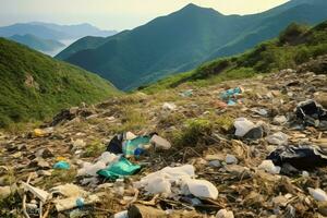 environnement problème Plastique des ordures ou poubelle dans le Montagne de global échauffement. la pollution concept par ai généré photo