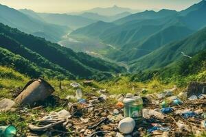 environnement problème Plastique des ordures ou poubelle dans le Montagne de global échauffement. la pollution concept par ai généré photo