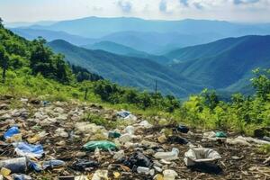 environnement problème Plastique des ordures ou poubelle dans le Montagne de global échauffement. la pollution concept par ai généré photo