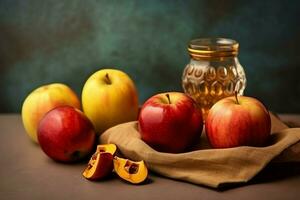 traditionnel nourriture de juif Nouveau année vacances de tradition ou religion. rosh hashanah avec copie espace concept par ai généré photo