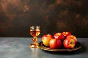 traditionnel nourriture de juif Nouveau année vacances de tradition ou religion. rosh hashanah avec copie espace concept par ai généré photo