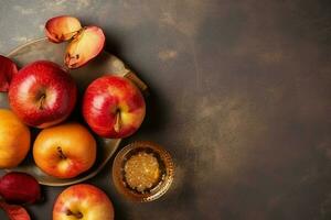 traditionnel nourriture de juif Nouveau année vacances de tradition ou religion. rosh hashanah avec copie espace concept par ai généré photo