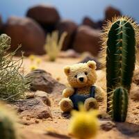 nounours ours suivant à une cactus dessert, génératif ai photo