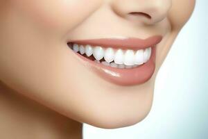 parfait en bonne santé les dents sourire de une Jeune femme à une dentiste. les dents blanchiment. dentaire se soucier, stomatologie concept par ai généré photo