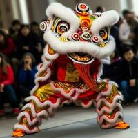 dragon ou Lion Danse spectacle barongsai dans fête chinois lunaire Nouveau année festival. asiatique traditionnel concept par ai généré photo