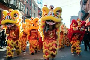 dragon ou Lion Danse spectacle barongsai dans fête chinois lunaire Nouveau année festival. asiatique traditionnel concept par ai généré photo