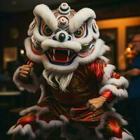 dragon ou Lion Danse spectacle barongsai dans fête chinois lunaire Nouveau année festival. asiatique traditionnel concept par ai généré photo