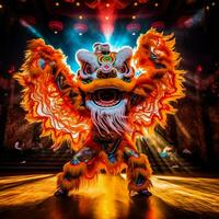 dragon ou Lion Danse spectacle barongsai dans fête chinois lunaire Nouveau année festival. asiatique traditionnel concept par ai généré photo