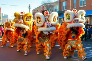 dragon ou Lion Danse spectacle barongsai dans fête chinois lunaire Nouveau année festival. asiatique traditionnel concept par ai généré photo