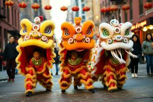 dragon ou Lion Danse spectacle barongsai dans fête chinois lunaire Nouveau année festival. asiatique traditionnel concept par ai généré photo