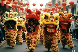 dragon ou Lion Danse spectacle barongsai dans fête chinois lunaire Nouveau année festival. asiatique traditionnel concept par ai généré photo