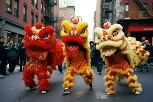 dragon ou Lion Danse spectacle barongsai dans fête chinois lunaire Nouveau année festival. asiatique traditionnel concept par ai généré photo