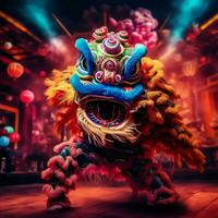 dragon ou Lion Danse spectacle barongsai dans fête chinois lunaire Nouveau année festival. asiatique traditionnel concept par ai généré photo