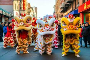 dragon ou Lion Danse spectacle barongsai dans fête chinois lunaire Nouveau année festival. asiatique traditionnel concept par ai généré photo