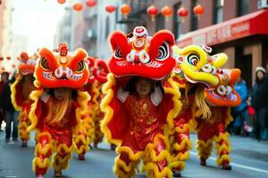 dragon ou Lion Danse spectacle barongsai dans fête chinois lunaire Nouveau année festival. asiatique traditionnel concept par ai généré photo